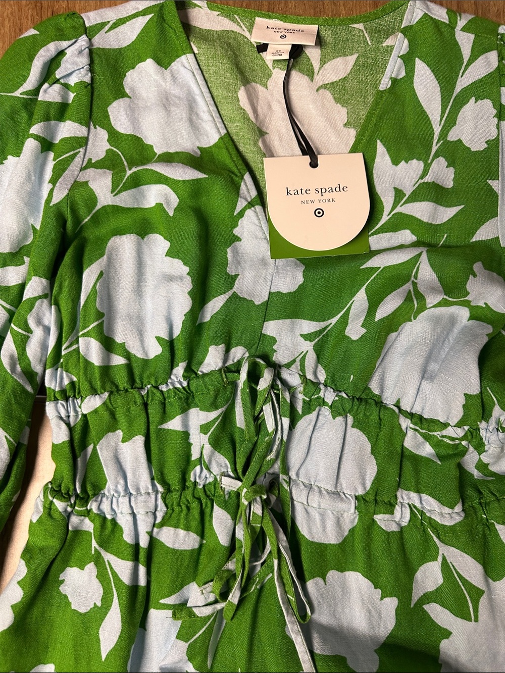 Kate spade X target nwt linen maxi blue green double tie front long sleeve dress - Picture 2 of 9